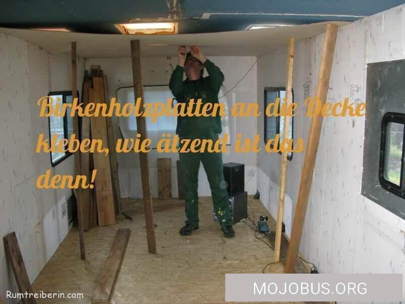 Birkenholzplatten an die Decke kleben, wie ätzend ist das denn!