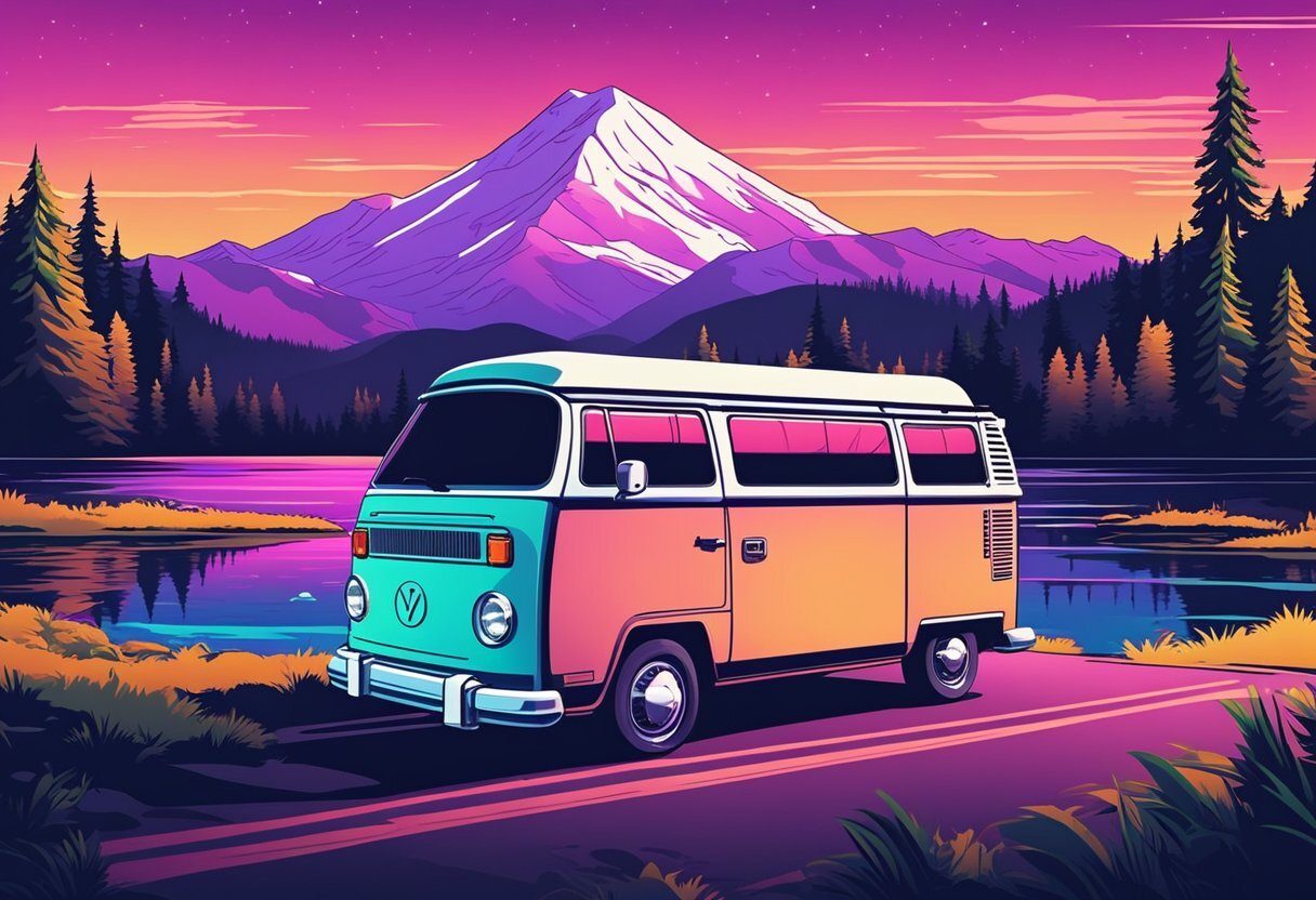A camper van parked in a scenic location, with a backdrop of mountains and a tranquil lake, surrounded by lush greenery and tall trees