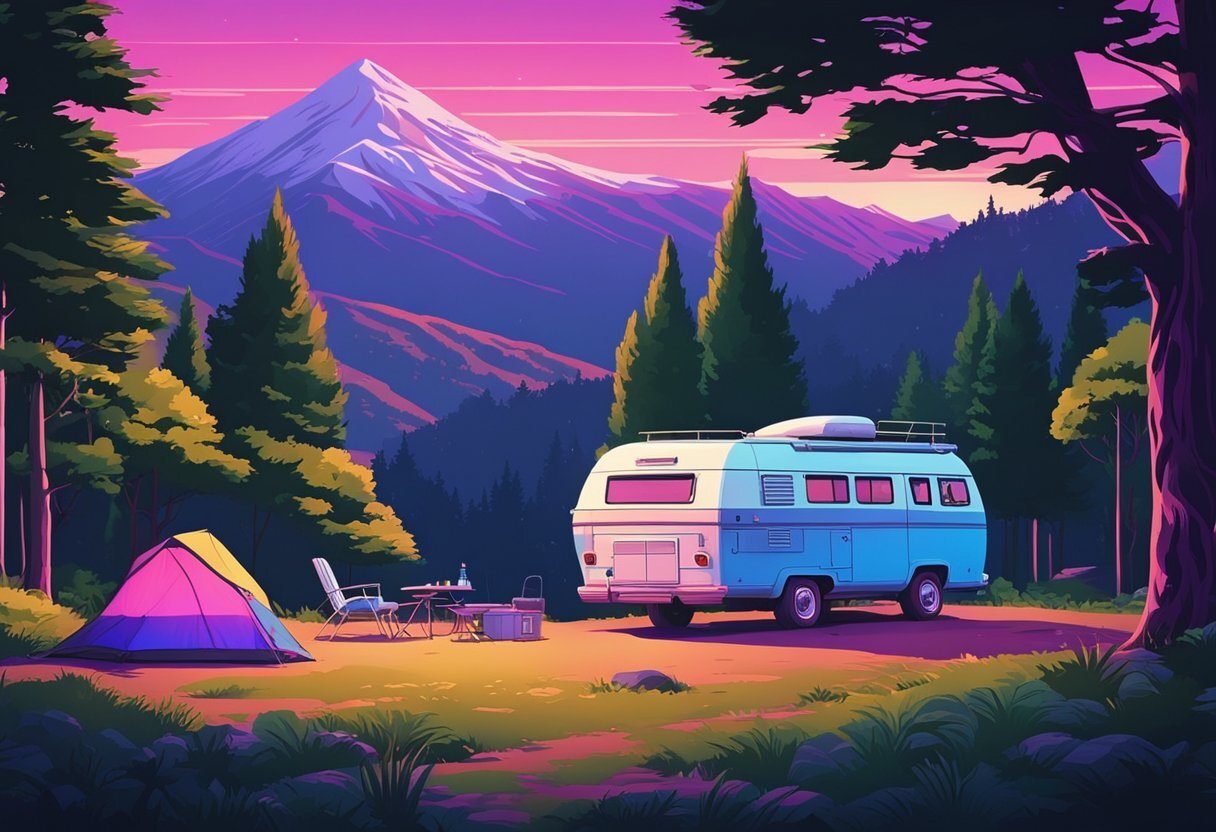 A serene European campsite with lush greenery, a cozy campfire, and a colorful camper van parked nearby, surrounded by rolling hills and a clear blue sky
