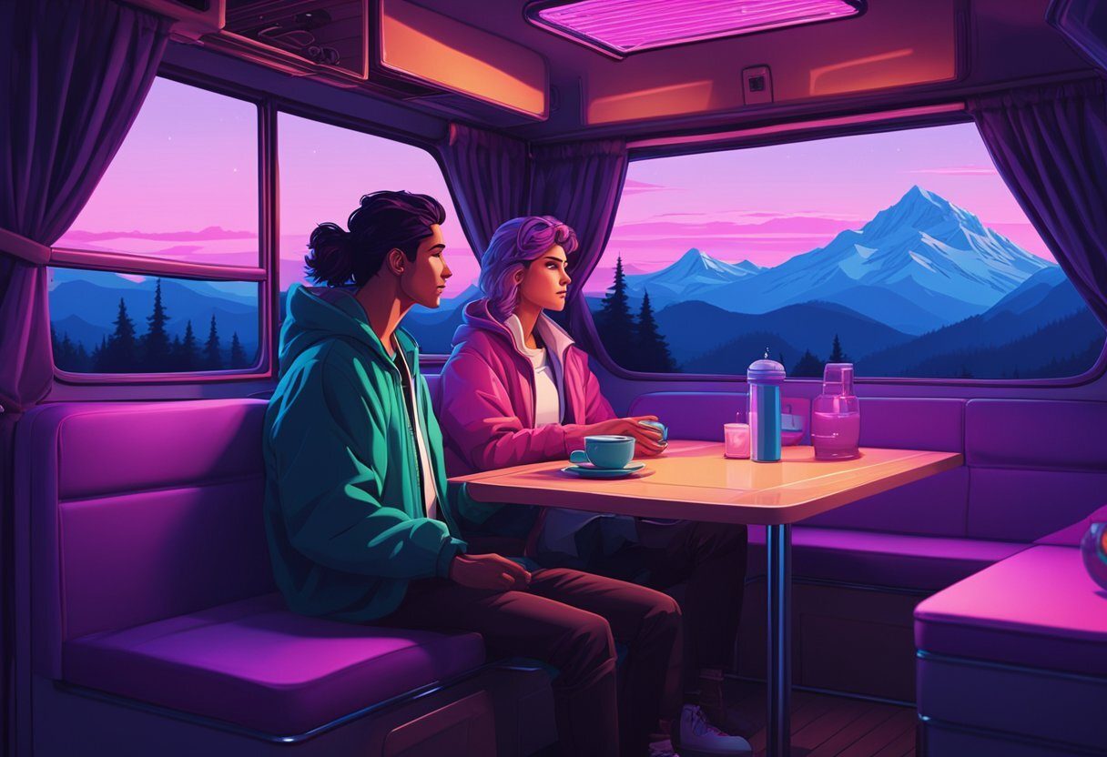 A couple sits at a table inside a cozy, fully-equipped camper van. Outside, a serene landscape of mountains and forests stretches into the distance
