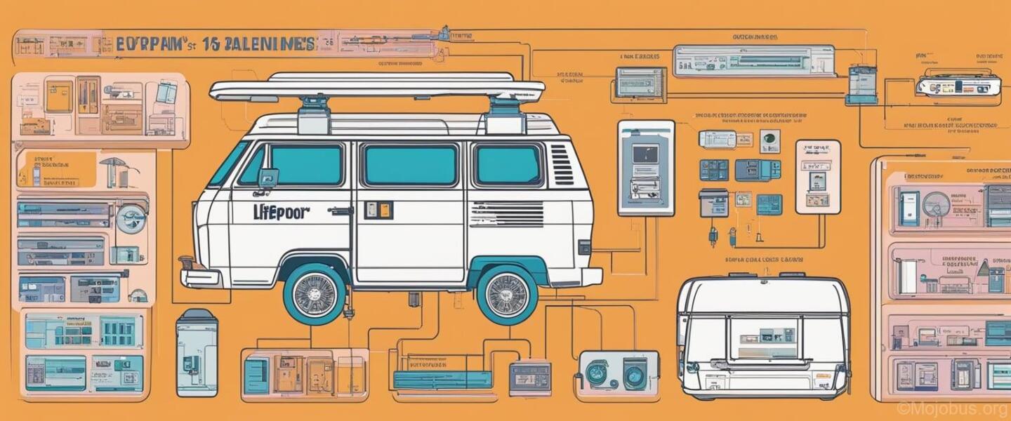 A diagram showing LiFePo4 battery system concepts and DIY projects for a camper van, with labeled components and connections