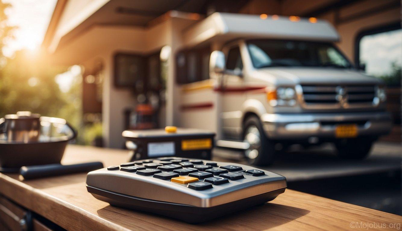 A calculator and a fuel gauge next to a motorhome, emphasizing the importance of calculating energy reserves